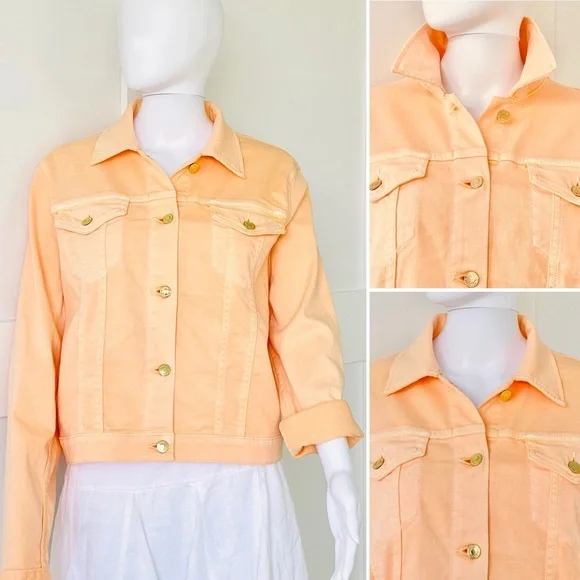 MICHAEL KORS Denim Jacket Gold Button Stretch Patch Pocket Pointed Collar